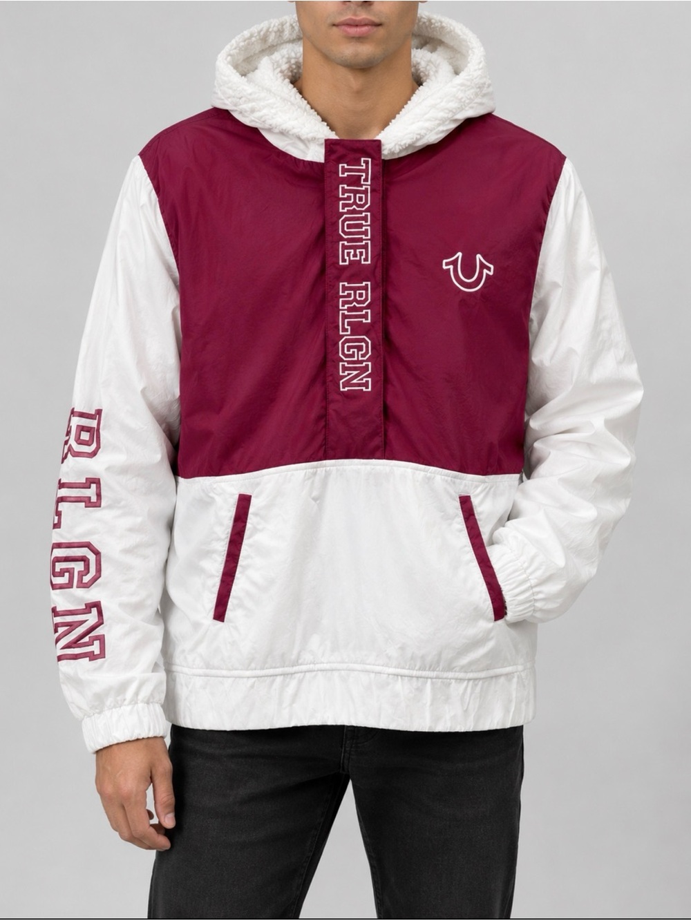 XL/GT True Religion Men's Maroon & White Hooded Pullover Jacket